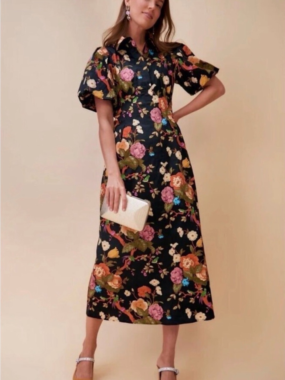 Tuckernuck Black Floral Midi Dress with Puff Sleeves